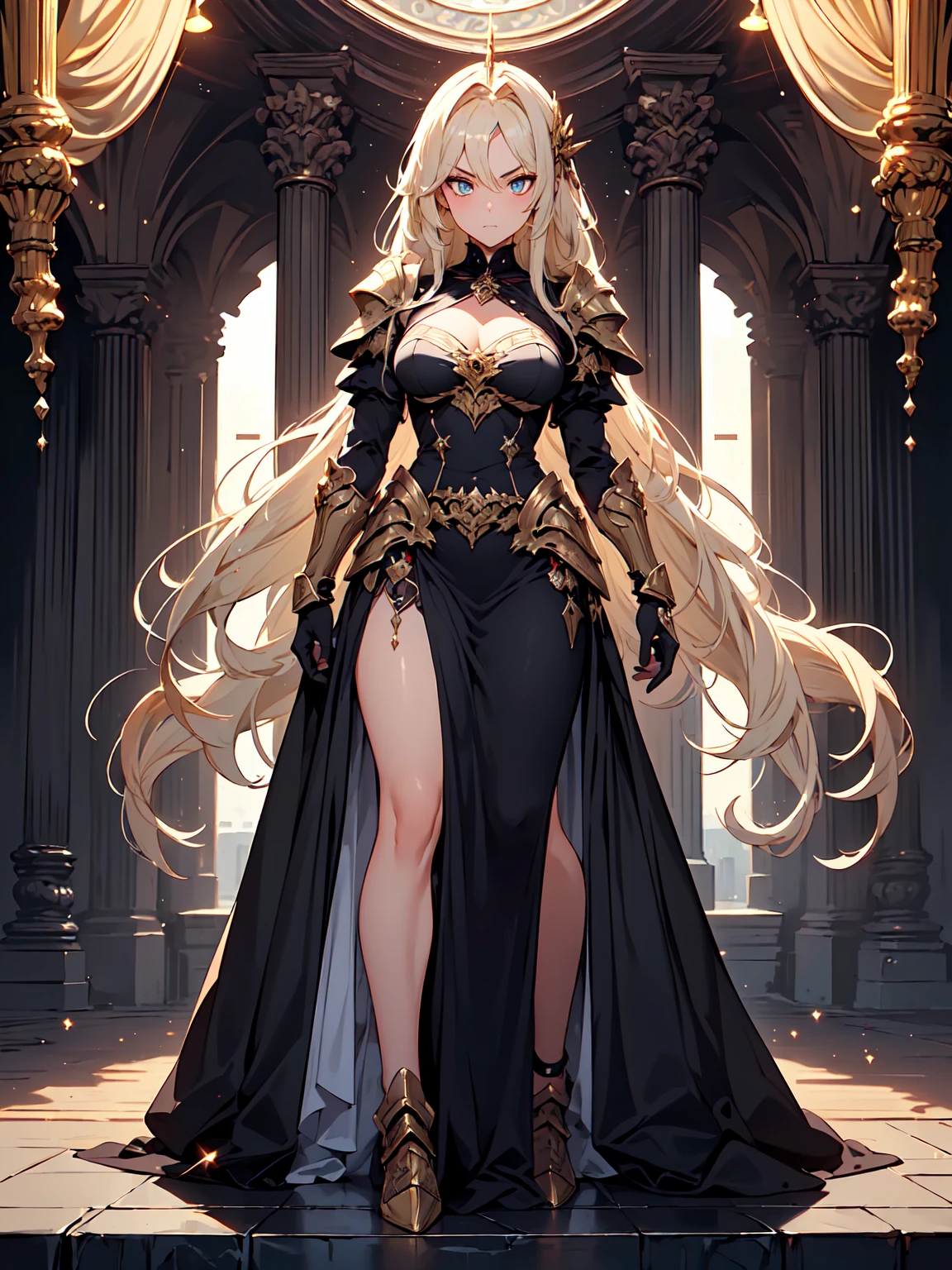 Blonde tall muscular beauty，Abdominal muscles，cleavage，Hairpin，Black evening dress，Bare Legs，palace