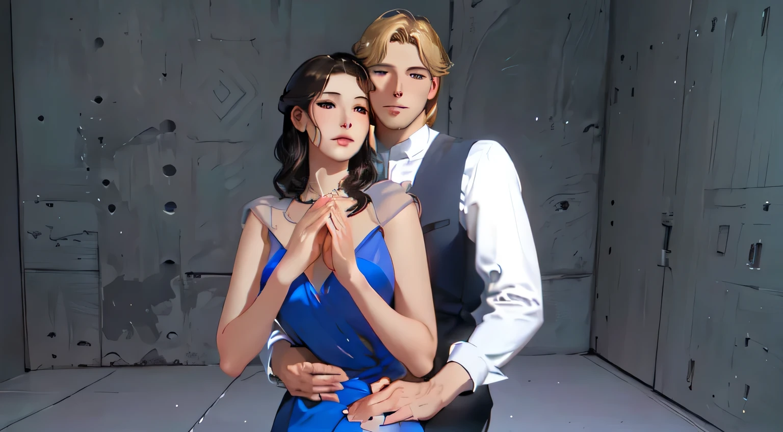 there is a man and woman standing in a room together, couple pose, elegant pose, semi-realistic, semi - realistic, an elegant couple, inspired by Adrienn Henczné Deák, elegant cinematic pose, doing an elegant pose over you, doing an elegant pose, semi realistic, super realistic”, inspired by Alasdair Grant Taylor