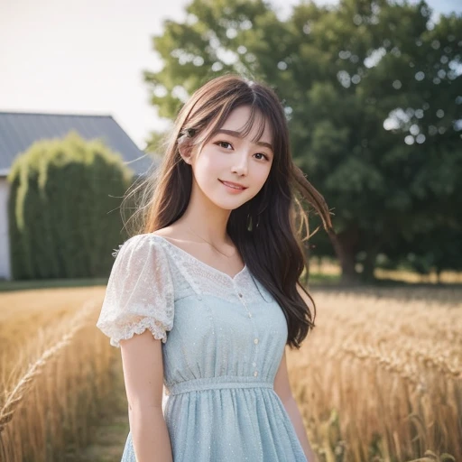 One Girl , 20 years old, Tall and attractive, Wearing a cute country dress, , It stands in a rustic farmhouse setting . She is kind, A kind smile and expressive eyes. There is a charming barn in the background , Golden wheat fields and clear blue skies . Enhance your impact by capturing images that look like they were taken on , emphasizes idyllic serenity with soft depth of field and soft focus. captures images as if they were taken on vintage 35mm film 、Capture images that look more appealing , membrane,