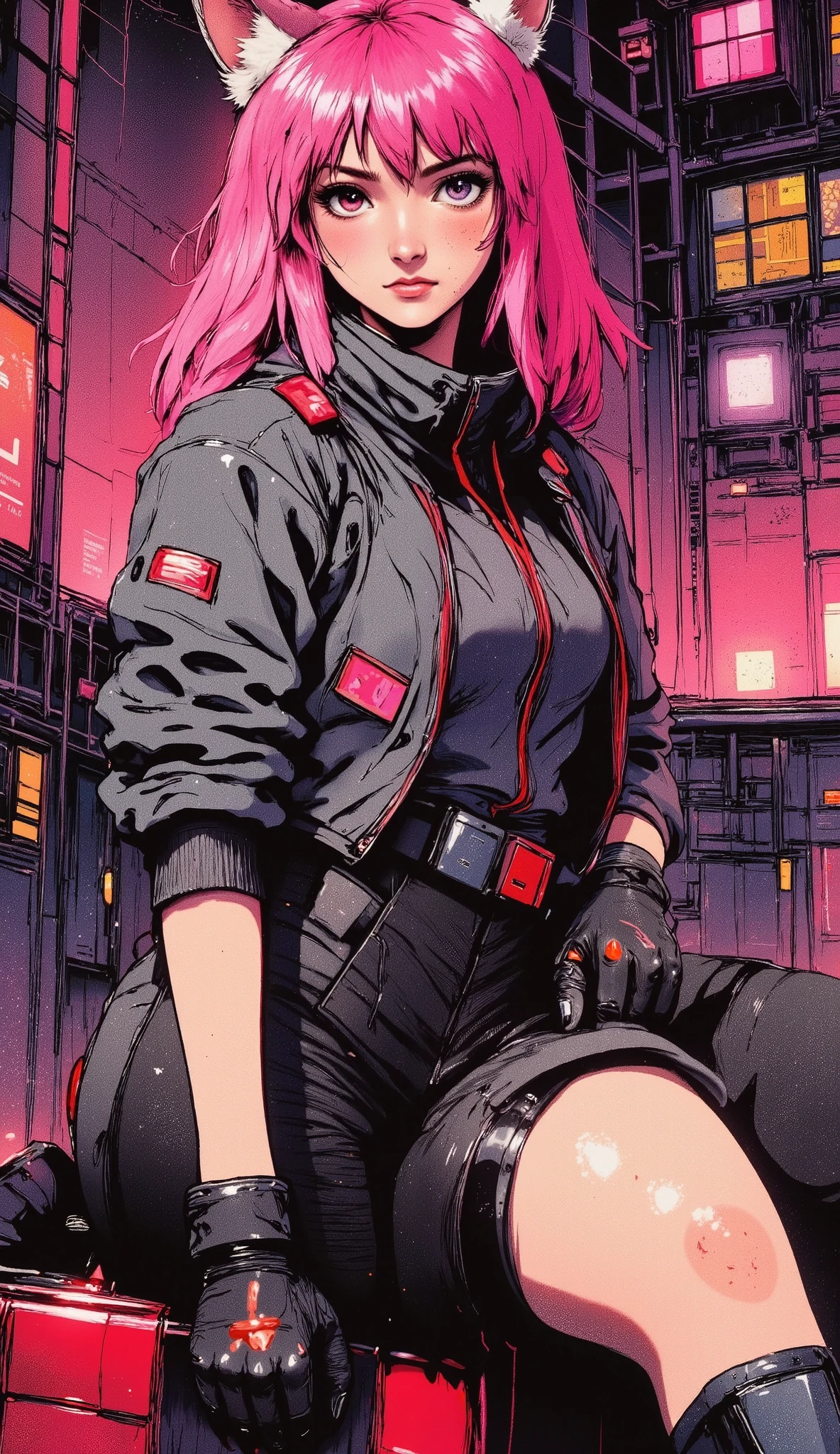 Oh, League of legends, sexy for, wallpapers, detailed eyes , fox ear, (fox tails), a skirt, (long pink fur), medium breasts, looking at_It is shown in_looking atl espectador, _hair, Gloves, belly button, fail, blue_there are eyes, eternal, _ Body, arm, footwear, necklaces, negro_Gloves, pulp, hooded, hair_overcome_yoon_there are eyes, Cultivator_above, hoodie, negro_ pants , sneakers, Cut_jacket, cyber punk character, Cut_hoodie