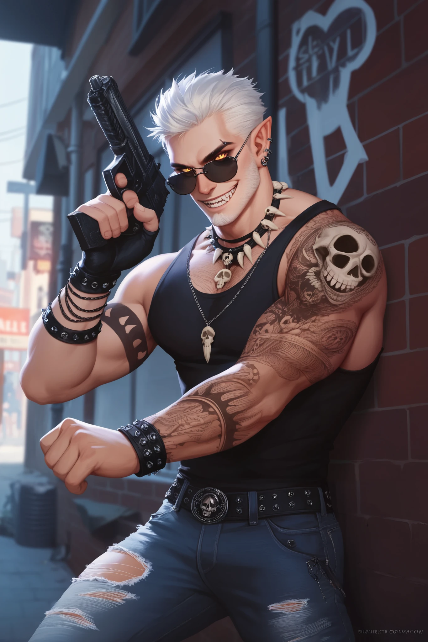high quality, detailed, detailed eyes, detailed face, male, solo male, long silked back hair, (White Hair), (Sideburns), wearing black leather dusters, ripped jeans, black tanktop, tattoos, ((skulls and demon tattoos)), wearing aviator sunglasses, in an alleyway, standing pose, menacing pose, gun, sinister smile,