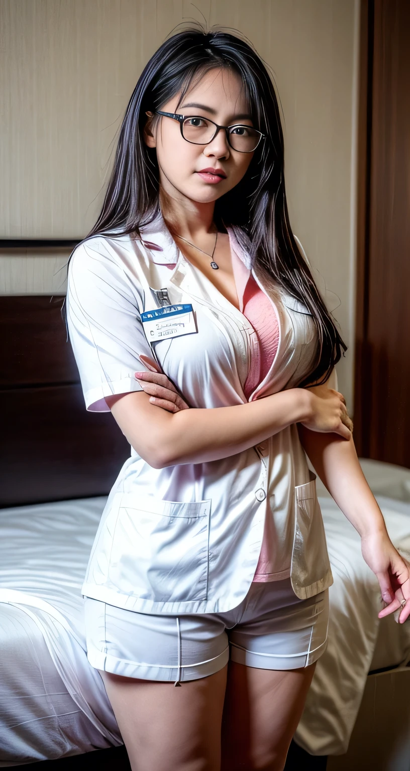 young indonesian woman , wearing glasses , standing on the edge of the bed , seductive pose , seductive face . plump body , plump thighs , big breasts . wearing a nurse's uniform , white blazer (nametag "DEA") , white short skirt . hospital room background . very detail , high resolution , clear result .