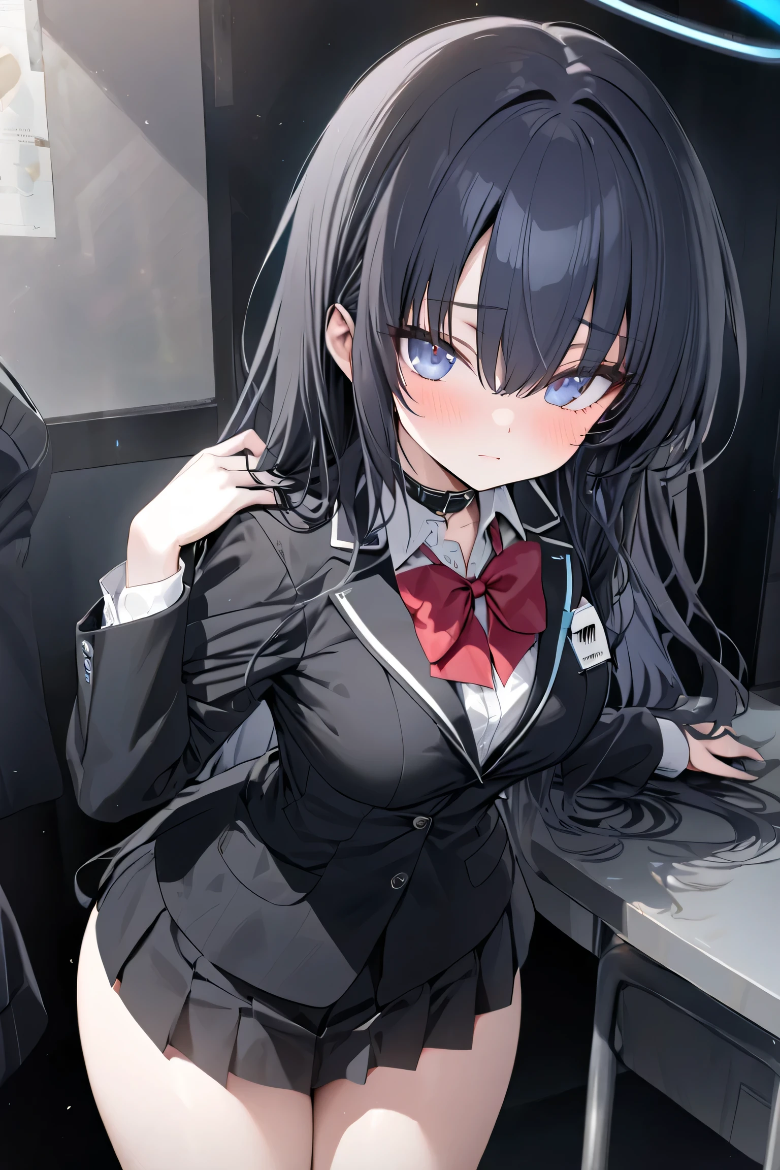 ,Hayase Yuuka, HD, top quality,Blue archive, long black hair ,The tip of the jacket is slightly curled , the hair is divided on the sides , the bangs are slightly long and hang over the eyes ,Bright blue eyes, school uniform, the collar of the jacket is accented, the bow is tied to the chest , slim, stylish, thighs