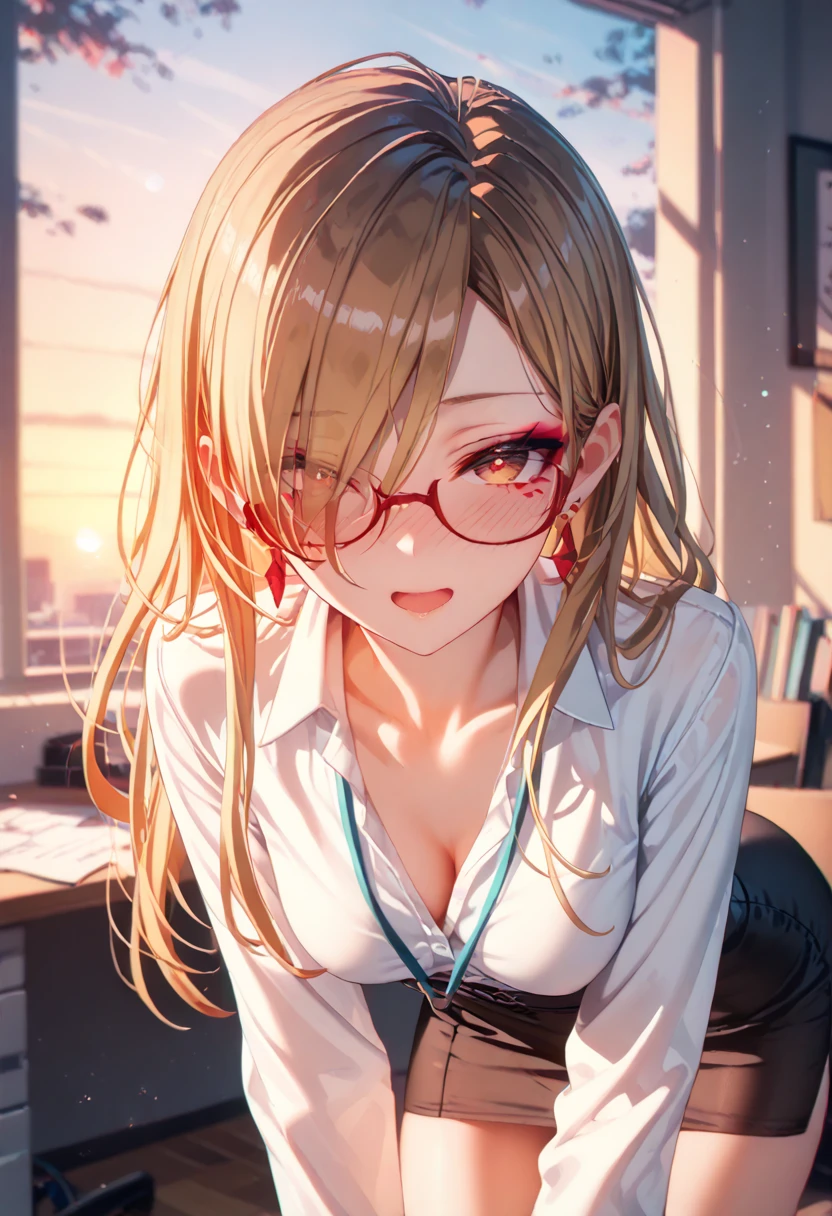  erotic pose, bent over , High School of the Dead , 4K,  long hair ,office, secretary,  hair covers the eye, rpg,     smooth skin,  mascara, makeup,   pretty face, pomade, earrings,  medium chest,  thin waist, ,  brown hair ,  blond hair, makeup, glasses, teenager girl, evening, Sunset, Drunk girl, orgasm, red cheeks, brassiere