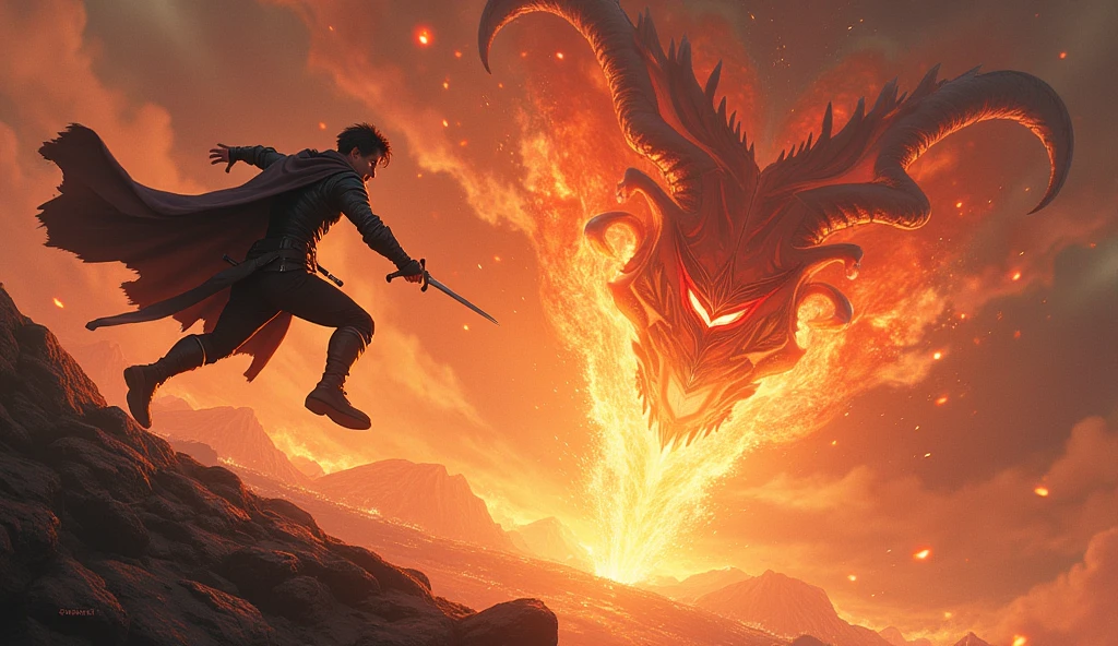 Portrait of a burning fire and lava demon by Byard Wu and Marc Simonetti and George Inness, Fantasy horror atmosphere