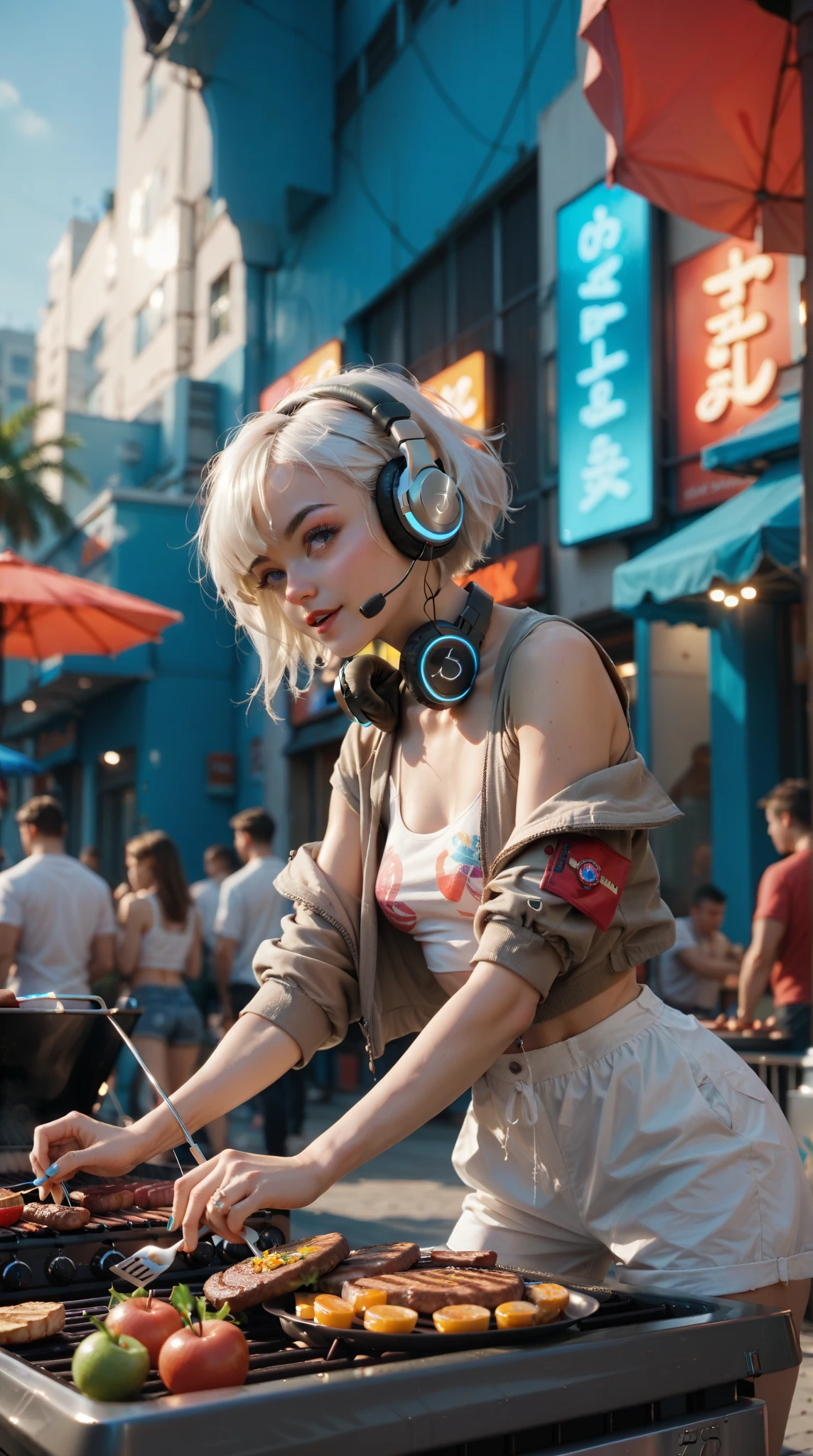  beautiful young girl , white hair, Futuristic Headphones, Make a barbecue