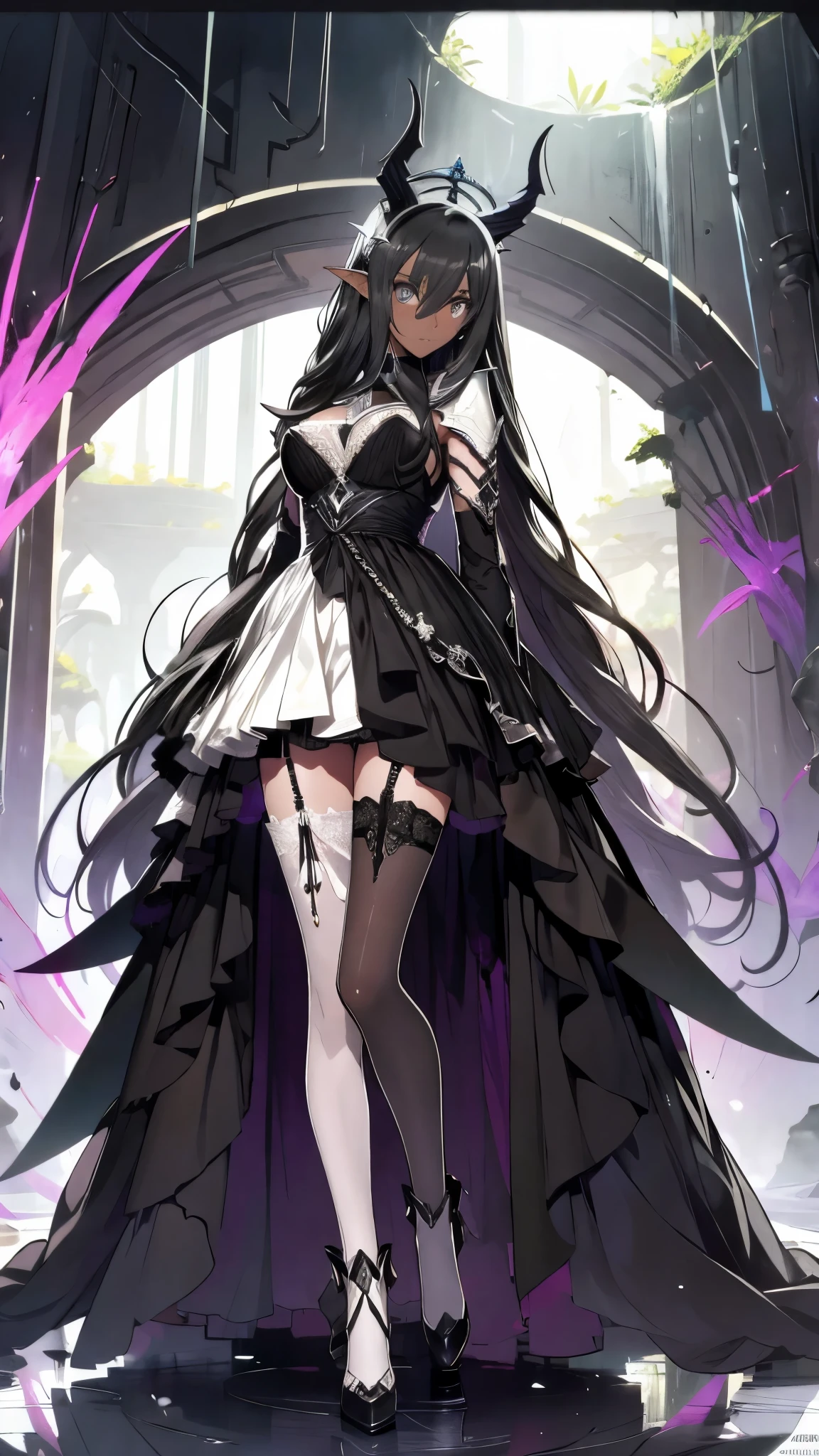 1 Girl, black dress, longhair, Perfect leg, anatomi girl, sexy, tall girl, full black dress, holding books manga, laced boots , facing the right side looking at us , red eyes vampire, vampire, white background, split black hair , fullbody, gothic fashion dress, back-to-back pose , ((looking back over shoulder)), adult girl, hard lighting, standing, branded hair, girl 30 old