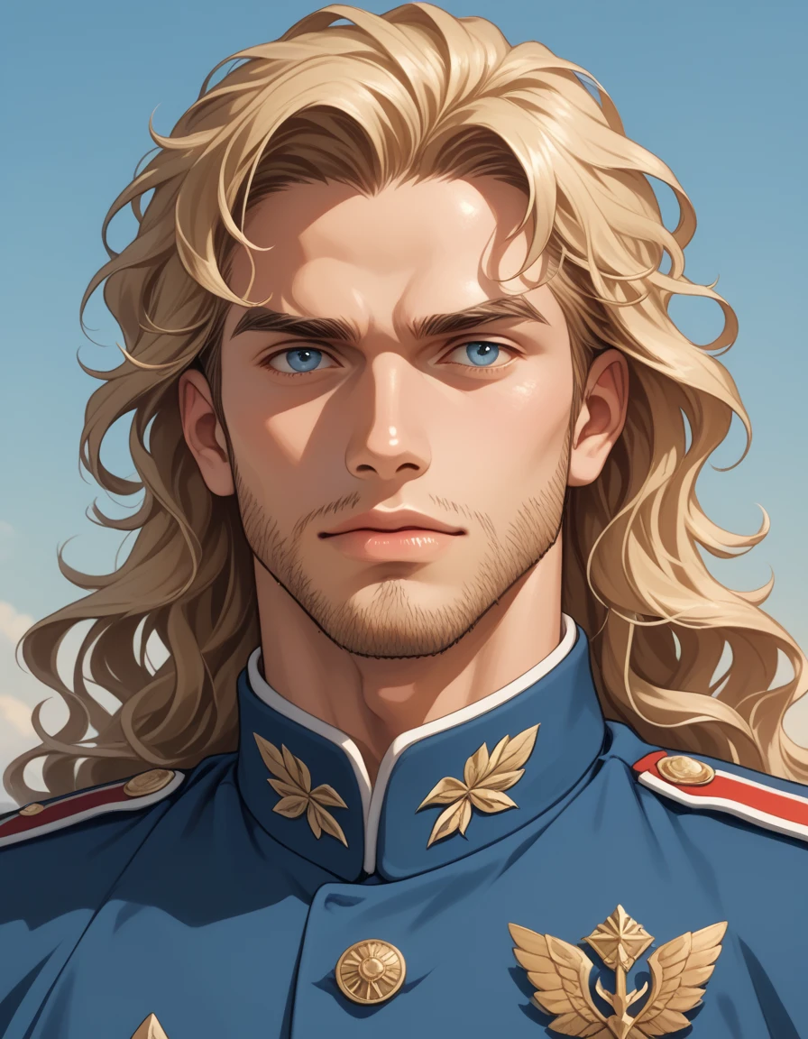 score_9, score_8_up, score_7_up, BREAK male, late 30s, blond, shoulder-length, middle-parted wavy hair, light-purple, deep-set, Sanpaku eyes, blond chin-curtain beard, aquiline and hooked nose, slightly underbite, chiseled, slightly long face, fearless expression, strong and dependable body, navy blue military uniform, portrait