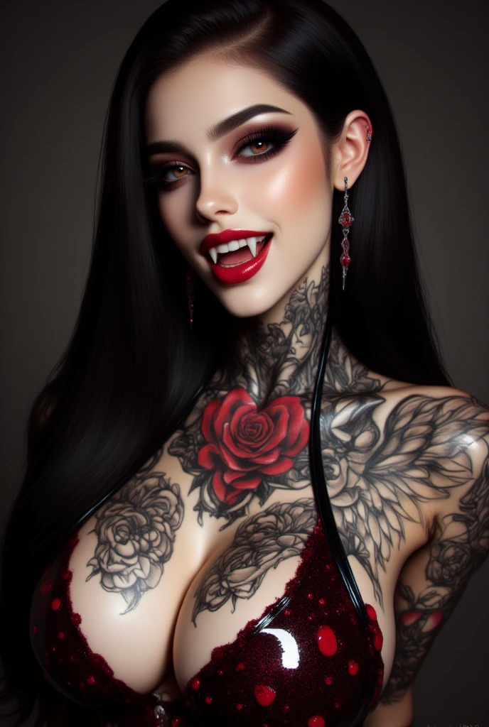 (best quality, masterpiece), 1girl, beautiful girl, ((Glowing Red_eyes)), ((hair color [Black hair], [long] hair)), earrings, lips,realistic, narrow waist, charming, Dark makeup, Smoky eye shadow, Dark Eyeliner. long eyelashes, (cute), (detailed face), detailed eyes, detailed iris, Red Tank Top, Tattoos, (Red Lipstick)