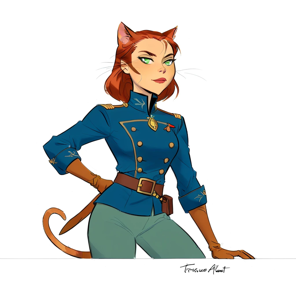 Captain Amelia (from Treasure Planet) in a minimal line drawing. Captain Amelia is a tall, slender, anthropomorphic feline with reddish-brown fur, green eyes, and a commanding presence. She has long, pointed ears, wears a blue captain's uniform with gold accents, and exudes confidence and grace. The scene features cel-shaded lines only, capturing her in an elegant and dynamic pose.
