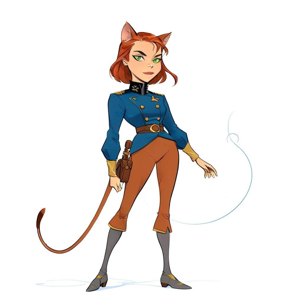 Captain Amelia (from Treasure Planet) in a minimal line drawing. Captain Amelia is a tall, slender, anthropomorphic feline with reddish-brown fur, green eyes, and a commanding presence. She has long, pointed ears, wears a blue captain's uniform with gold accents, and exudes confidence and grace. The scene features cel-shaded lines only, capturing her in an elegant and dynamic pose.
