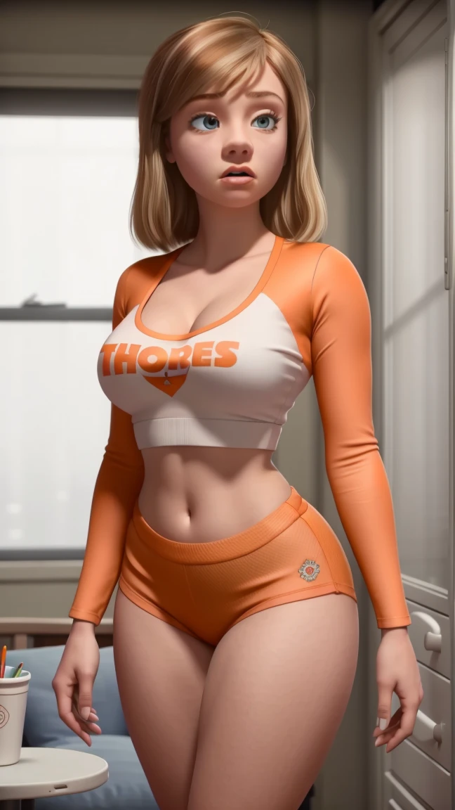 women, ((masterpiece, Best Quality)), full body view, bursting very giant breasts, slim, very fat legs, Wide hips, detailed skin, Riley Andersen  as a hooters girl, mermaids white and orange tight clothing, Bermuda, fitted crop top,  Very detailed, cinematic lighting, ultra realistic, blush, looking at the viewer, Riley Andersen from the movie Inside Out 