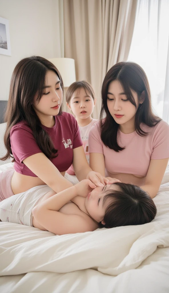 3 people realistic photo. 2 girls are wearing crop top laying down on the bed. Their body is touched by a little daughter 