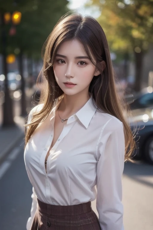 ((Highest quality, 8k, masterpiece :1.3)), Sharp focus :1.2, Beautiful woman with perfect figure :1.4, Slim Abs :1.2, ((Dark brown hair, :1.2)), (White button-up long shirt :1.1), City Street:1.2, Highly detailed face and skin texture, Fine grain, double eyelid、Large Breasts、Cleavage、bra