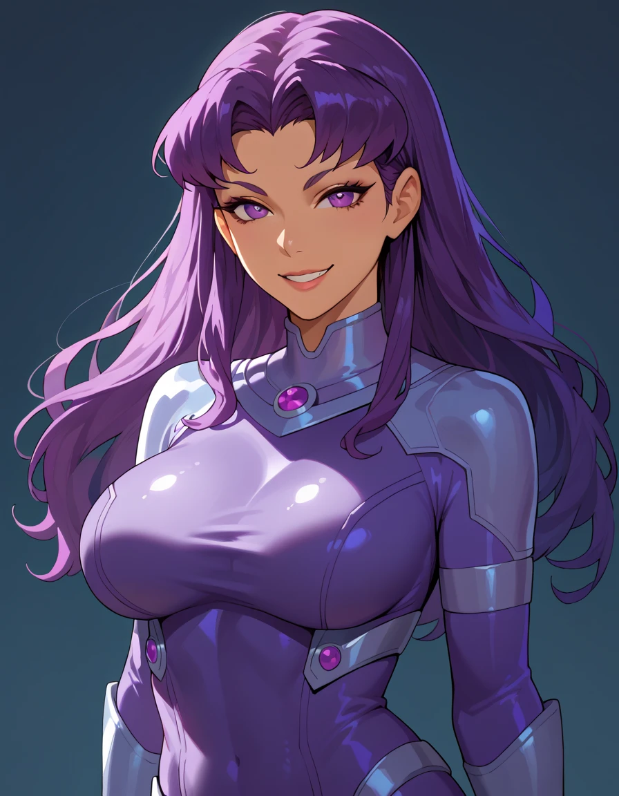 blackfire, 1girl, Alone, long hair,big breast,purple eyes, purple hair, bodysuit, simple background,, looking at viewer, cowboy shot,evil smile,portrait,whole body,