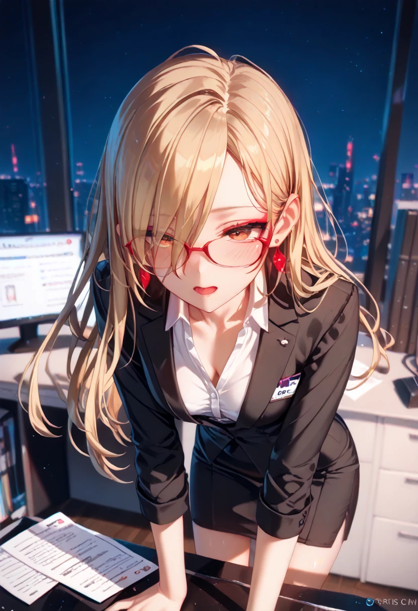  erotic pose, bent over , High School of the Dead , 4K,  long hair ,office, secretary,  hair covers the eye, rpg,     smooth skin,  mascara, makeup,   pretty face, pomade, earrings,  medium chest,  thin waist, ,  brown hair ,  blond hair, makeup, glasses, teenager girl, Night, very drunk girl, orgasm, red cheeks, brassiere, 