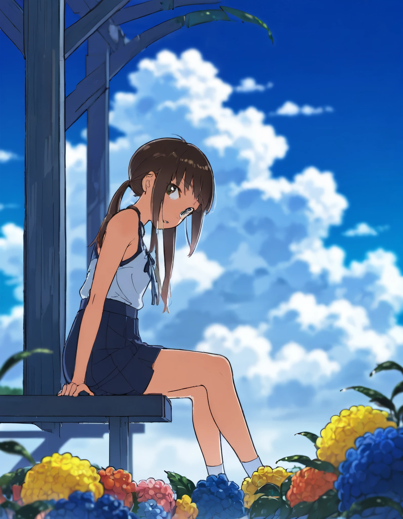 A girl is sitting on a bench with flowers, 1 Girl, Kitayodai, Blue sky, partly cloudy, brown angled ponytail , green eyes