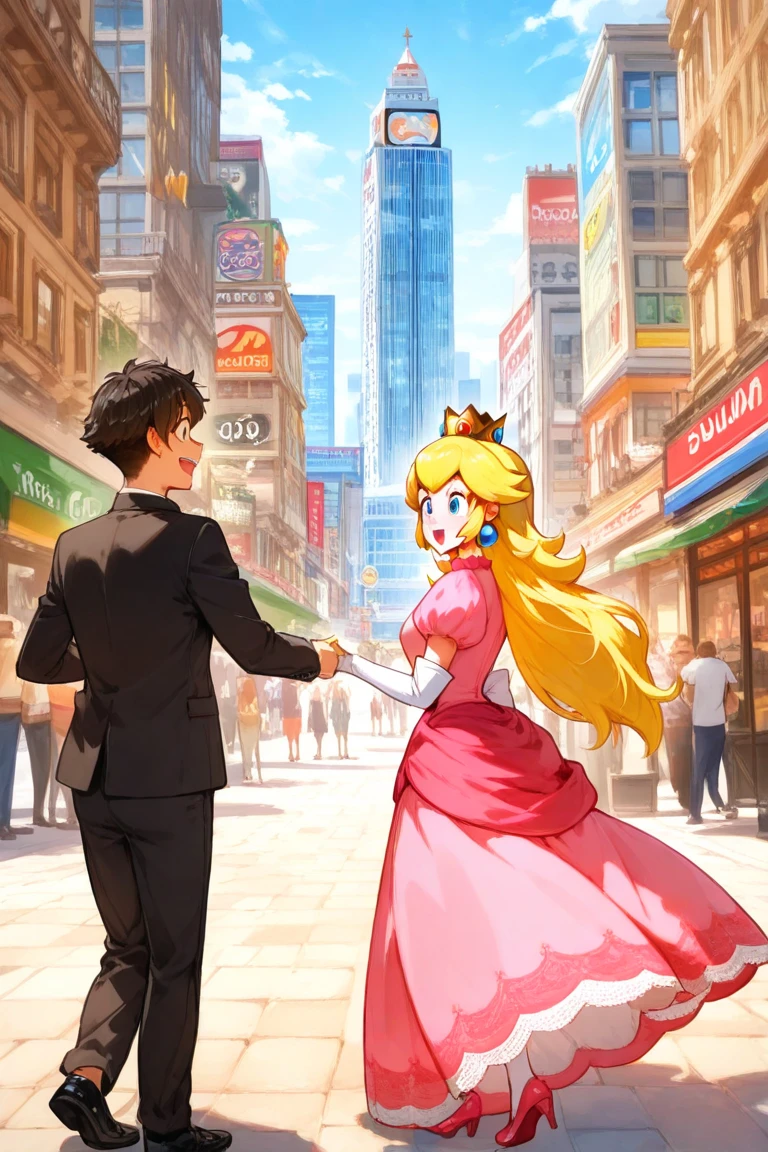  Princess peach, wearing  , wearing traditional Dubai male outfit, happy, excited, Dubai city, arabs in background 