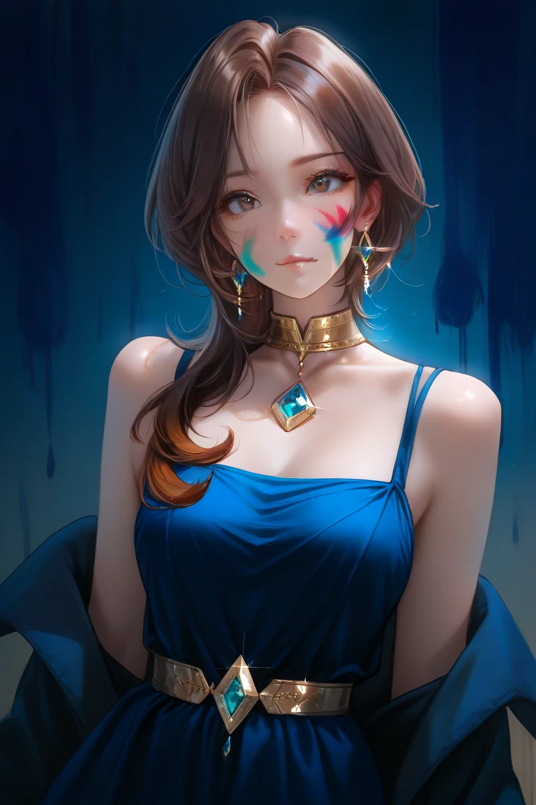 Nobelwoman of warmer region, dark navy blue dress, short brown hair, soft facial features, gold jewellery, blue gem earrings, off shoulder dress, painting style, paint brush strokes