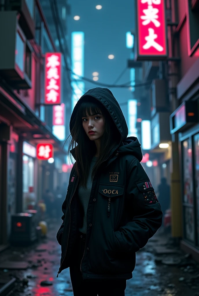 Japanese woman animated hooded dark alley futuristic a bit cyberpunk
