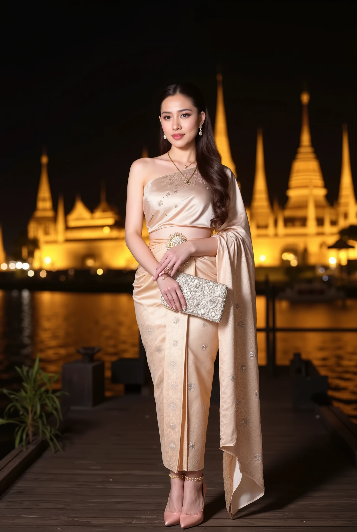 Full body of a stunning young Thai woman has good figure large breasts and big hips, wearing a Thai Boromphiman dress with a pearl pink satin blouse and an elegant pastel gold silk skirt with shimmering silver floral designs and wearing pink polish high heels standing at wooden wharf and holds an intricately embroidered white clutch, completing her sophisticated appearance.
The backdrop is a "Wat Arun" alongside the "Chai Phraya" river. The golden spires of the temple shine softly in the starlight, while the lake mirrors the celestial beauty above. Gentle ripples in the water create an ever-changing interplay of light and reflection.
The tone is ethereal and majestic, blending the serenity of a starlit night with the grandeur of Thai temple architecture. Captured with a Leica SL2 camera and a Summicron-SL 35mm f/2 ASPH lens, ensuring perfect clarity and tonal richness in low light. Details body: The arms and hands of her graceful and soft, clean white fingers with complete fingers. Negative easy; Fingers, toes legs, hands are missing, abnormalities, face, eyes, nose, mouth are deformed.