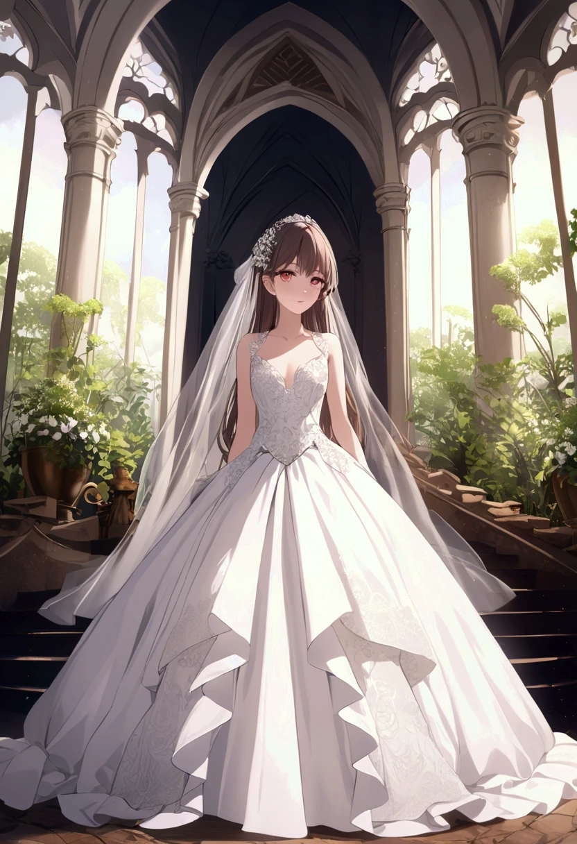 Extremely detailed and photorealistic anime full body portrait of a young, beautiful girl with mesmerizing, intricate eyes and full, graceful lips. She has long, delicate eyelashes and an elegant, dramatic pose that showcases her beauty. She is wearing a sensual wedding dress with intricate lace details and floral accents, featuring a regal and princess-like silhouette. The white gown is adorned with delicate embellishments, capturing both elegance and sophistication.