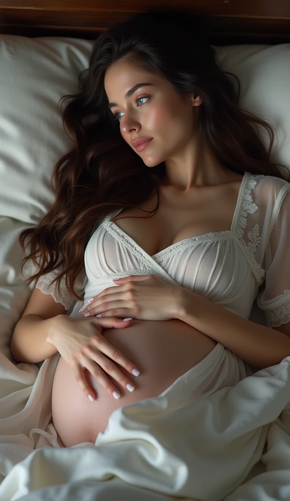 Blonde girl in a white see through bikini and very pregnant laying in bed
