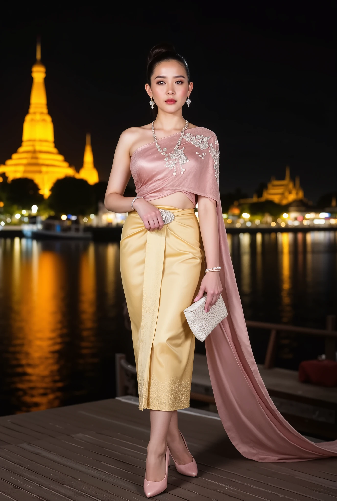 Full body of a stunning young Thai woman has good figure large breasts and big hips, wearing a Thai Boromphiman dress with a pearl pink satin blouse and an elegant pastel gold silk skirt with shimmering silver floral designs and wearing pink polish high heels standing at wooden wharf and holds an intricately embroidered white clutch, completing her sophisticated appearance.
The backdrop is a "Wat Arun" alongside the "Chai Phraya" river. The golden spires of the temple shine softly in the starlight, while the lake mirrors the celestial beauty above. Gentle ripples in the water create an ever-changing interplay of light and reflection.
The tone is ethereal and majestic, blending the serenity of a starlit night with the grandeur of Thai temple architecture. Captured with a Leica SL2 camera and a Summicron-SL 35mm f/2 ASPH lens, ensuring perfect clarity and tonal richness in low light. Details body: The arms and hands of her graceful and soft, clean white fingers with complete fingers. Negative easy; Fingers, toes legs, hands are missing, abnormalities, face, eyes, nose, mouth are deformed.