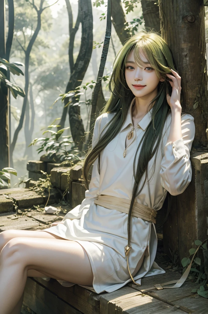 masterpiece,  top quality, Enkidu, White,  upper body,  gentle smile ,  is sitting,  Watch Viewers , forest 