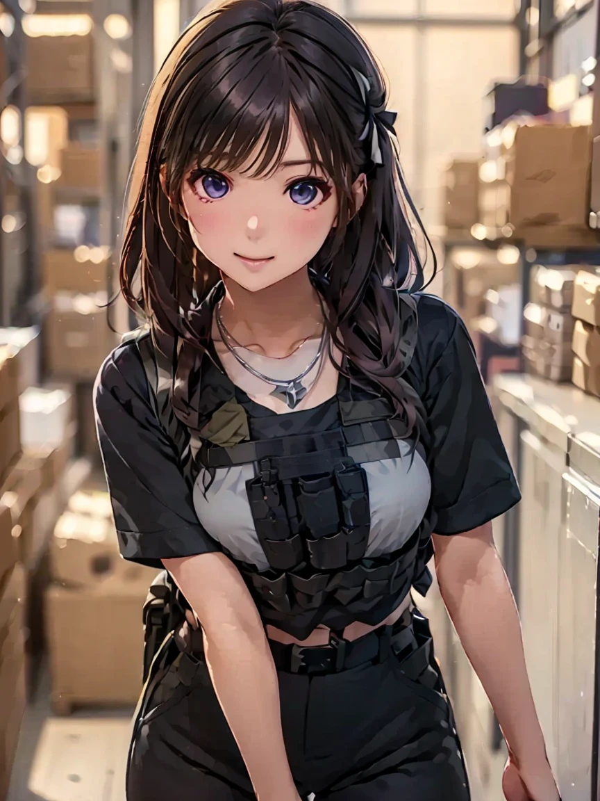   high definition ,In 8K, best quality, Details, semi-realistic anime , D Anime Style , Smooth Anime CG , one girl, 19-year-old Japanese woman on a luxury liner , slim,modeling,((輝く瞳)),(( medium hair with double swords)),(Maroon Glowing Hair ), Shiny brown hair, Detailsな顔,Beautiful and  Details,,(( Deep Blue-Purple Sparkling Eyes )),( close your mouth),(Laughter),((In a dark, cramped warehouse )),(( on a fluffy bed )),(( slimな身体)),( View Camera ), ((Curvy pose)), ( lean forward ),(( silver necklace)),( black ribbon),Special Forces Uniforms、 (( Black Tactical Vest  ))、((( black black military pants )))、 Black Combat Gloves 、 rucksack、(( black military undershirt )),( Detailsな顔と胸部の描写)、 Detailsな手の描写、Combat pose、 ( Sexy Women )、