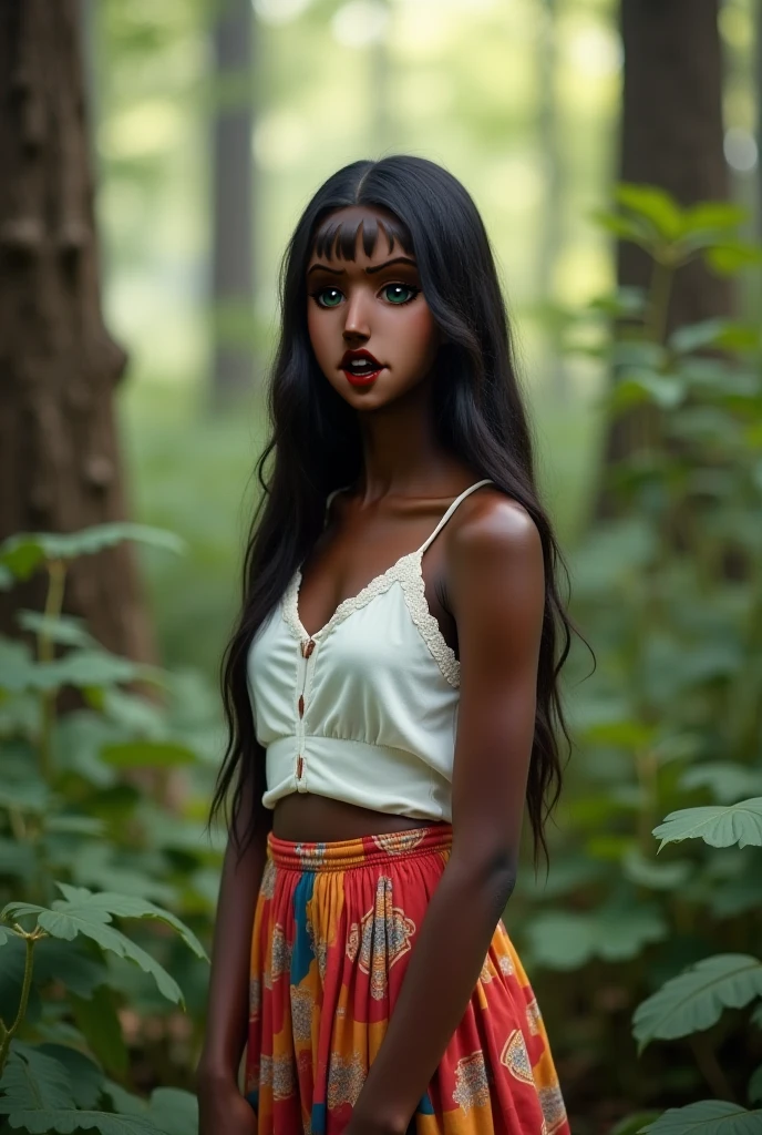 A girl with a tall head, hair is black. Skin is sunburned dark. And she has a black sweat crop top and leggings. real life.