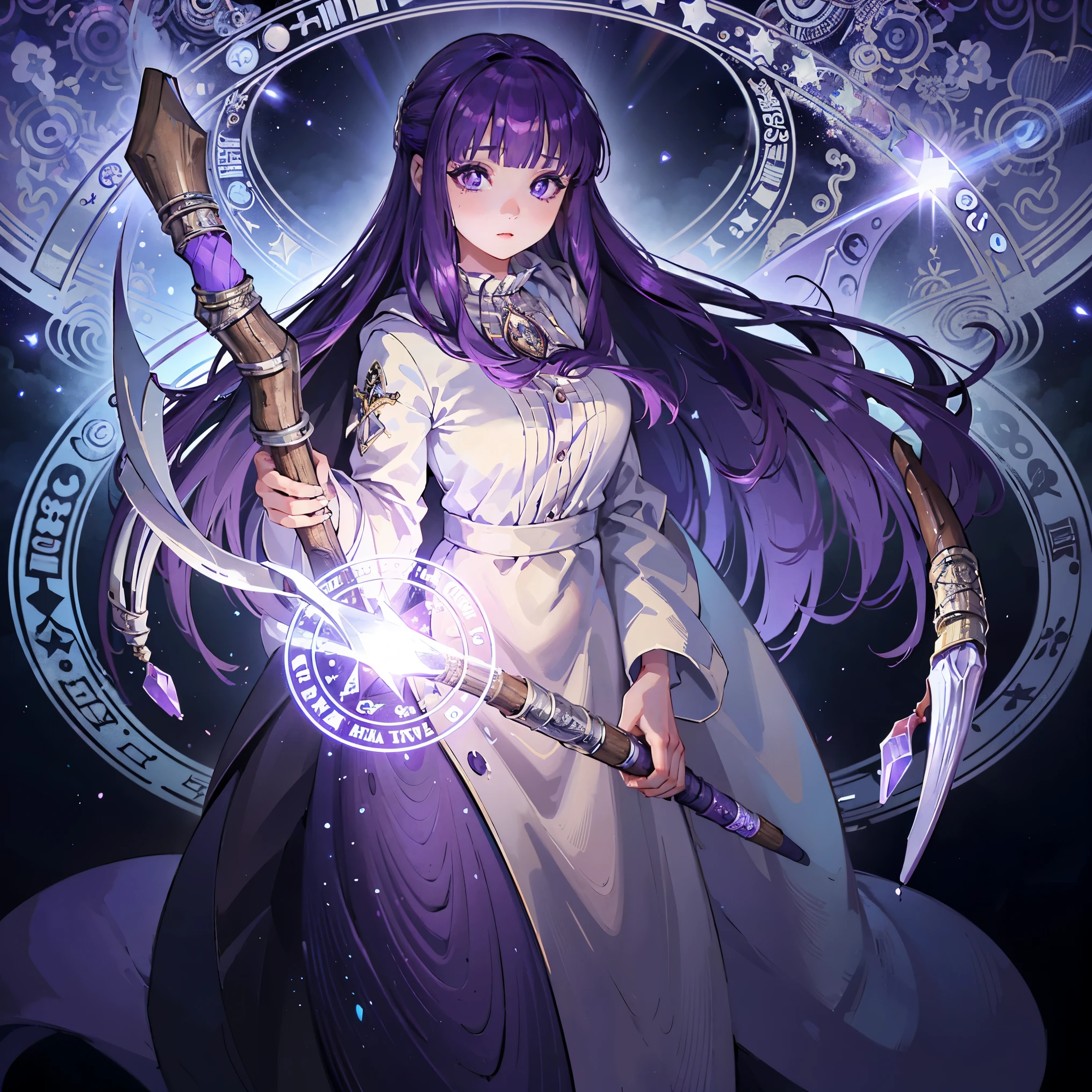 Purple-haired woman in a robe carrying a big stick
