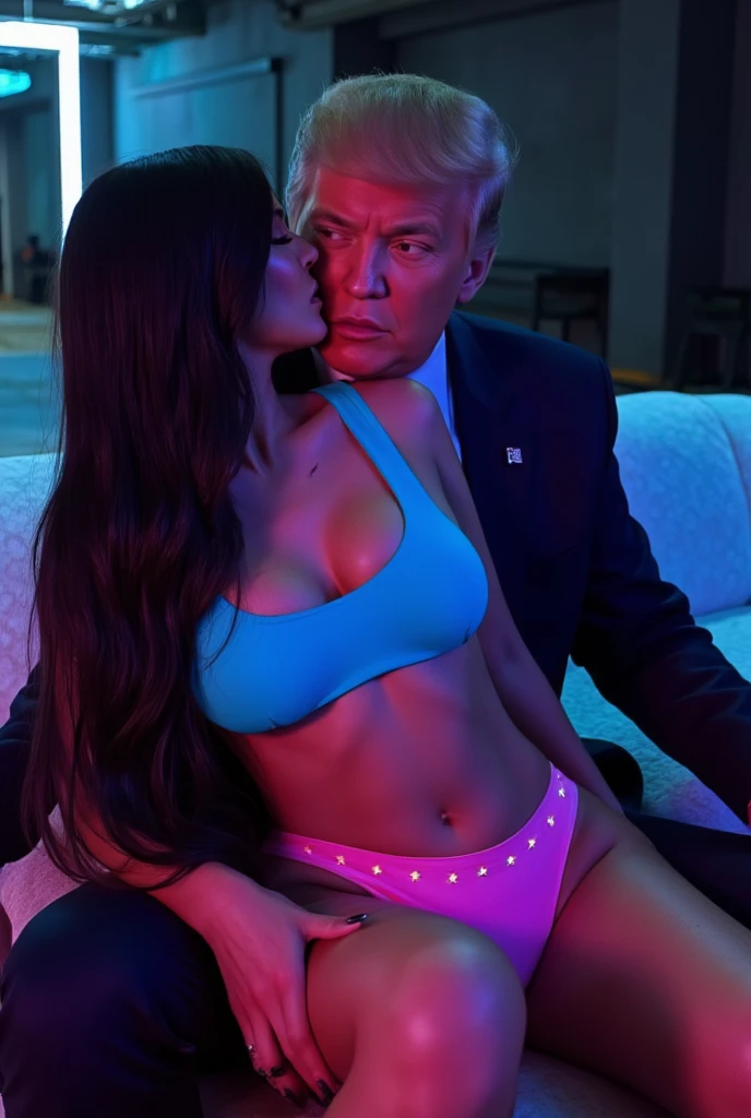 Joe Biden laying in bed with Mia Khalifa, on back, Joe is well build, looking at the viewer, viewer is looking down on, bottom half is covered, Mia Khalifa in black underwear, hugging eachother,