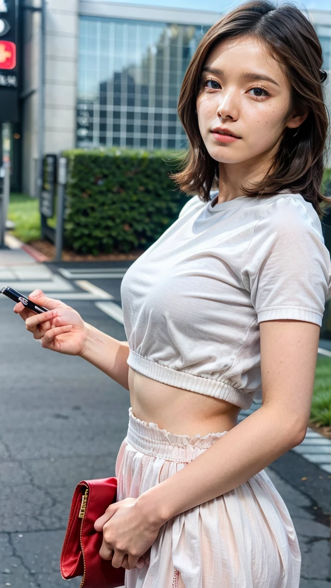 obra de arte, (absurdos, high resolution, ultra detalhado) Brazilian girl, short hair wearing white jeans and white top, looking at cell phone,