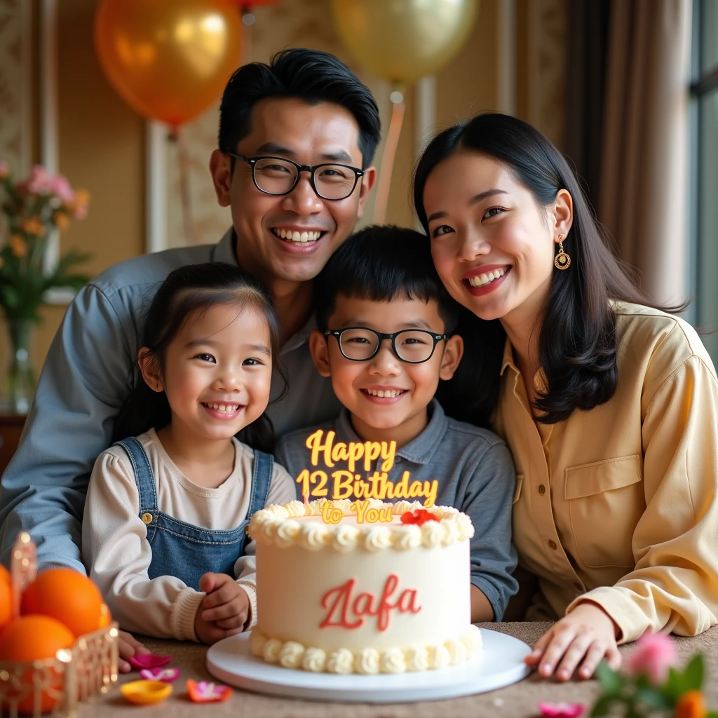 Photo of a happy family celebrating their child's 9th birthday with the theme of Indonesian independence. The family consists of a father, mother, and small child standing in front of a decorated backdrop. The child, wearing red and white clothes (symbolizing the Indonesian flag), is surrounded by balloons, banners and small Indonesian flags. Behind them is a friendly clown in red and white who is entertaining the child while holding a cake that says 'Happy Birthday'. The parents smile while standing next to the child, and the whole scene is filled with a festive patriotic atmosphere."