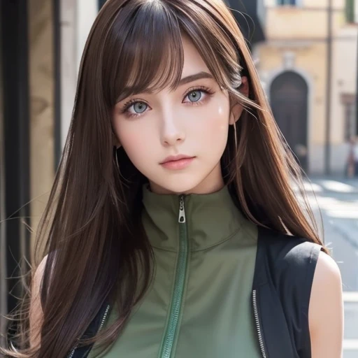 Italian girl anime version (The power to control the wind,  purple eyes and light brown medium hair,  Italian Green and Black Sleeveless Clothes and Jackets)