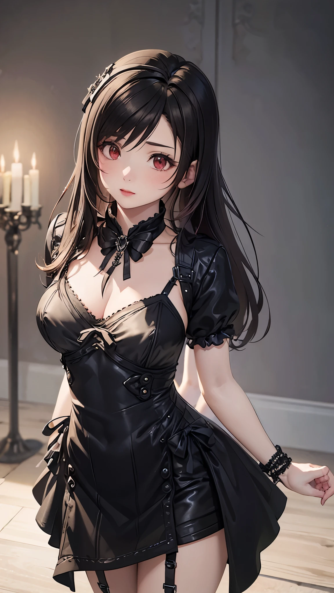 ((blood droplets)), ((blood)), ((blood splatter)), ((blood on clothes)), ((blood stain)), Masterpiece, Beautiful art, professional artist, 8k, Very detailed face, Detailed clothing, detailed fabric, 1 girl, standing, perfectly drawn body, big breasts, shy expression, pale skin, beautiful face, long black hair, Blue eyes, very detailed eyes, pink cheeks, choker:1.6, (white collar button down long sleeve shirt), black gloves, gloves that cover hands, (holds an ax with his right hand), (black leather corset), (shiny black leggings), Sensual Lips , evening de invierno,  show details in the eyes, looking at the viewer, Dark road, dark forest, evening, Atmosphere, fog