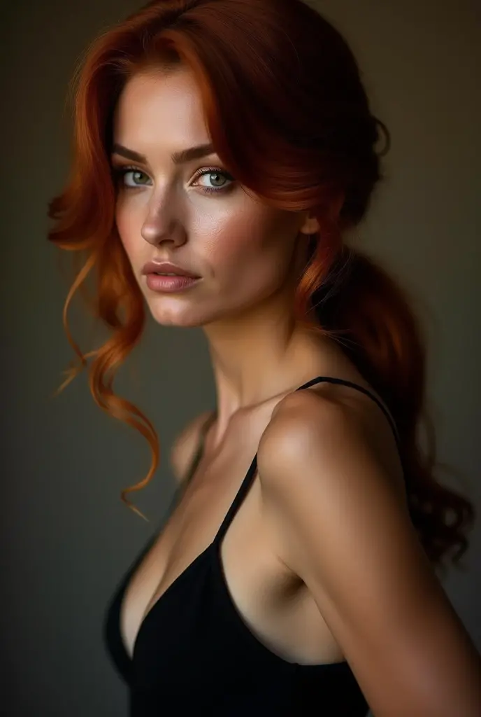 Fais moi une photo de profil plus réaliste en tenue décolleté noir vu du dessus d’une femme avec un carré plongeant avec les cheveux roux