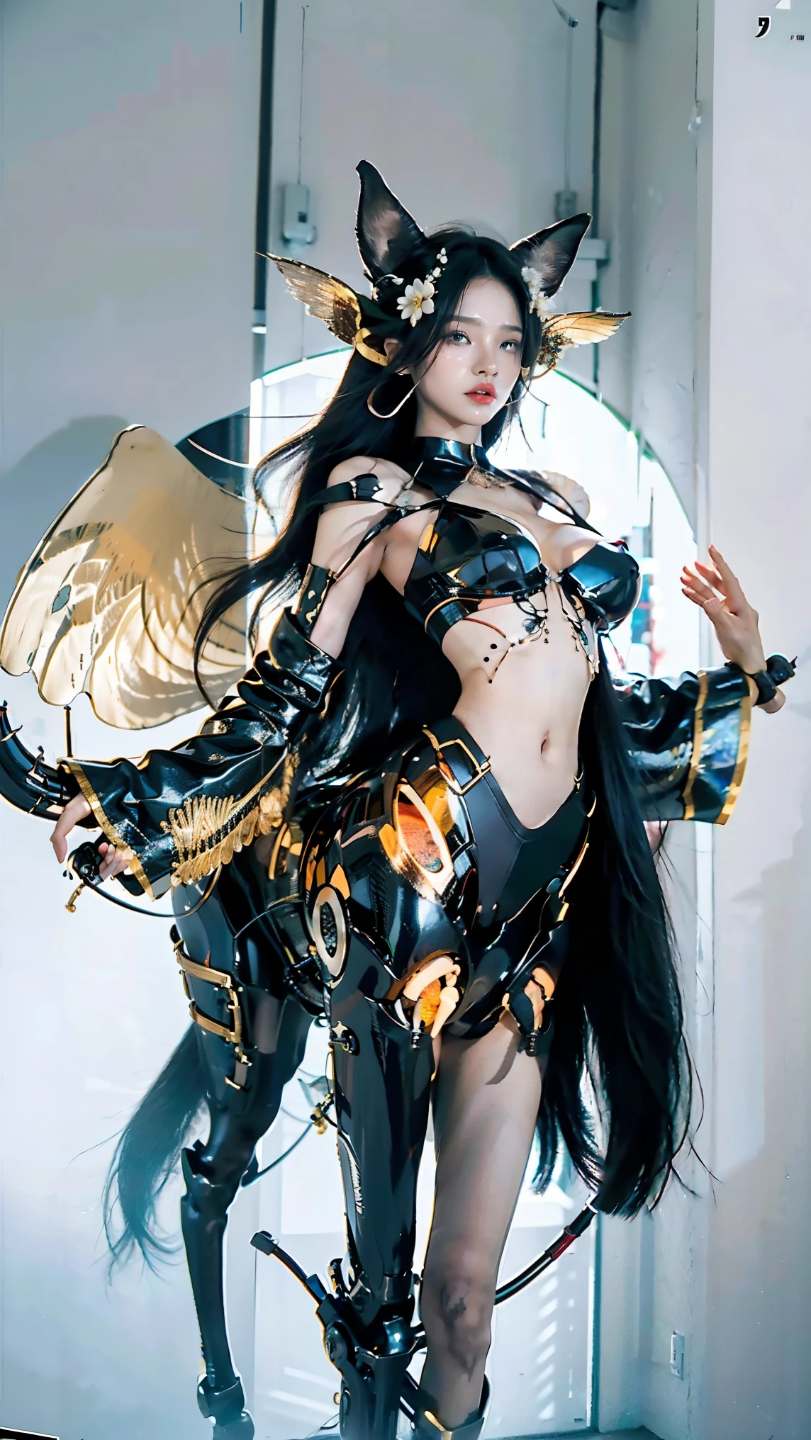 top-quality、masterpiece、超A high resolution、(Photorealsitic:1.4)、Raw photo、女の子1人、Black hair、glowy skin、1 Mechanical Angel、large metal wings、Shining Angel Circle、((super realistic details))、portlate、globalillumination、Shadow、octan render、8K、ultrasharp、Colossal tits、Raw skin is exposed in cleavage、metals、Details of complex ornaments、Steampunk details、Matsumoto meter vacuum tube、Nixie Kan、Oil pressure gauge、Glass Kan、Analog Meter、gear wheel、gear、Golden hydraulic cylinder、highly intricate detail、Realistic light、CGSoation Trends、a purple eye、radiant eyes、Facing the camera、neon details、Mechanical limbs、blood vessels connected to tubes、Mechanical vertebrae attached to the back、mechanical cervical attaching to neck、sitting on、Wires and cables connecting to the head、evangerion、Small LED lamp、