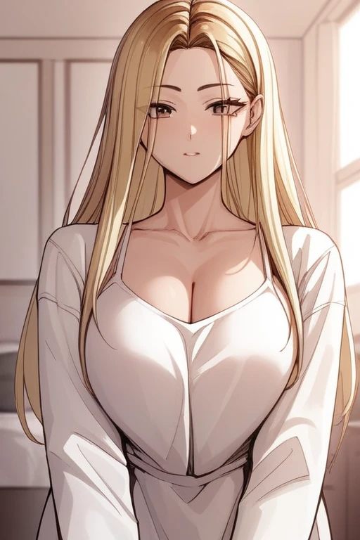 score_9, score_8_superior, score_7_superior, Hi、he, Brown eyes, Blonde, Multicolored Hair, Long Hair,Round neck ,White tight T-shirt、Long sleeve、Are standing,Big Breasts、black long camisole dress、turn around、Cleavage