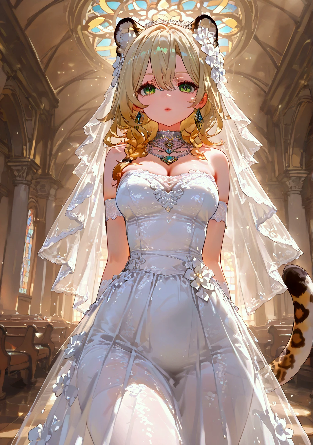 1 girl, solo, mature woman, milf, Xilonen\(genshin_impact\), medium breasts, multicolored hair, blonde hair, green eyes, braid, animal ears, tail, leopard tail, voloptuous, thick thighs, wide hips, alternate costume, close-up, beautiful bride, beautiful wedding dress, bridal veil, transparent short veil, Blushing face, head flower, headgear, tube top wedding dress, Silk dress, strapless wedding dress, pure white dress, necklace, earrings, deep V peach heart collar wedding dress, lipstick, lace gloves, long white dress, hands behind back, church, windows, rays of light, shining, gleaming, shiny, shiny skin, shiny outfit. BREAK .quality\(8k,wallpaper of extremely detailed CG unit, high resolution, top-quality, top-quality real texture skin, hyper realistic, increase the resolution, RAW photos, best quality, highly detailed, the wallpaper, golden ratio, high saturation realism, vibrant colors, dramatic lighting, persuasive storytelling, atmospheric scenery, captivating visuals, intricate details, strong emotions, dreamlike world\)