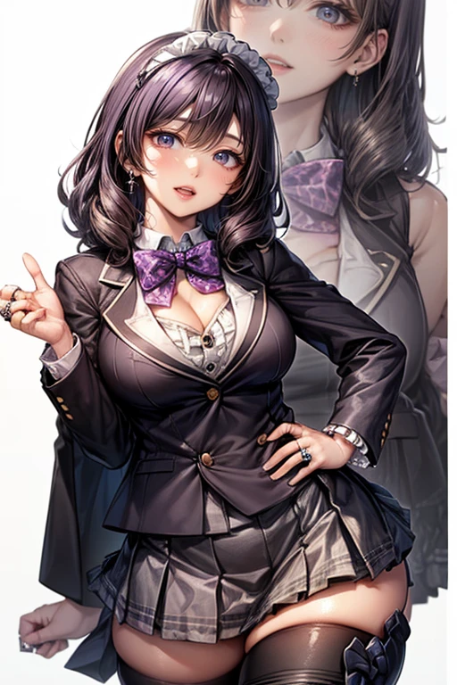 1girl, long hair, brown hair, large chest, white shirt, black pants, suit pants, glasses, anime, shear top, black bra, lace bra, purple highlights
