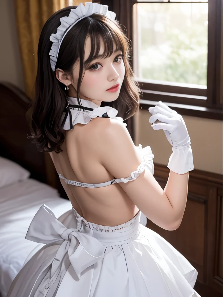 the most beautiful face in the world、Idol type、NSFW, realistic photo, , twin tails, ((blunt banguste piece, 8K, best quality, ultra high resolution (realistic photo:1.4)(((muste piece))), (((best quality))), ((Super detailed)), (3 girls), (loose socks) ((the most beautiful face in the world))(Pure Eros Face_v1:0.4), (european preteen:1.7), (japanese :0.6), (age 15, a cute girl:1.3), (:1.1)high nose, slim body, slender girl, (detailed mid bust), slim thighs, make your legs thinner, small hips, Maid clothes,super mini skirt、loose socks, (Are standing), shy smile, BREAK is, retrospective perspective, view from below, ((very delicate and beautiful)), (, beautiful detailed eyes, maid Cafe, , A happy smile, , , , , Saint-Rize,