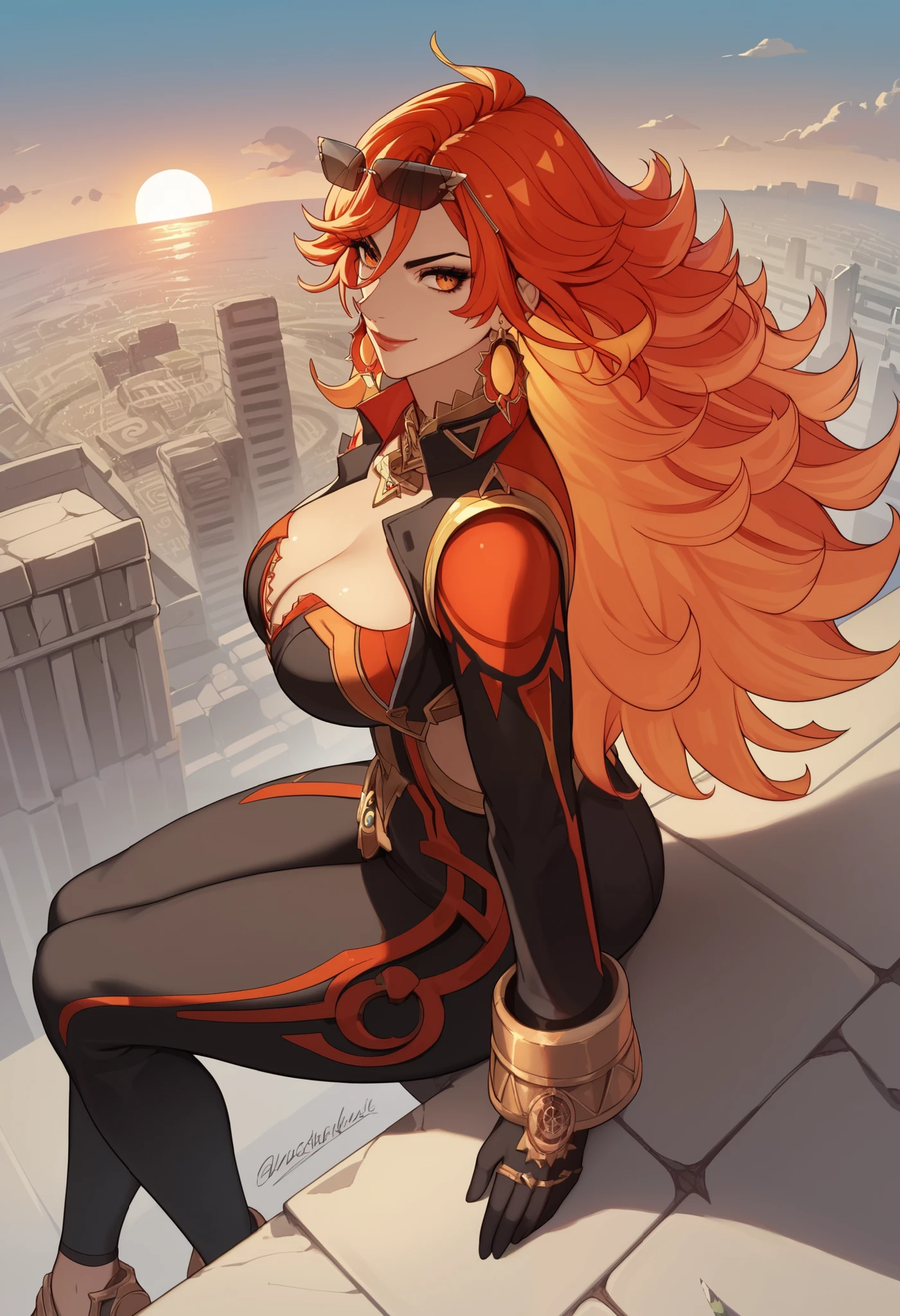 score_9, score_8_above, score_7_above, source _ anime BREAK 1girl , looking at the spectator, cowboy shot , from side,
mavuikadwnsty , sun-shaped paboveils, orange hair, jewelry, Earrings, multicolo red hair, red hair, choke, blacks, Bicolor Hair , hair between the eyes . Black body, sunglasses, Tinted glasses, glasses on the head ,
Big breasts, smile, Lips, neckline, Wariza, I'm sitting, thighs, soles,
al aire libre, city, stone, cloudy, route,