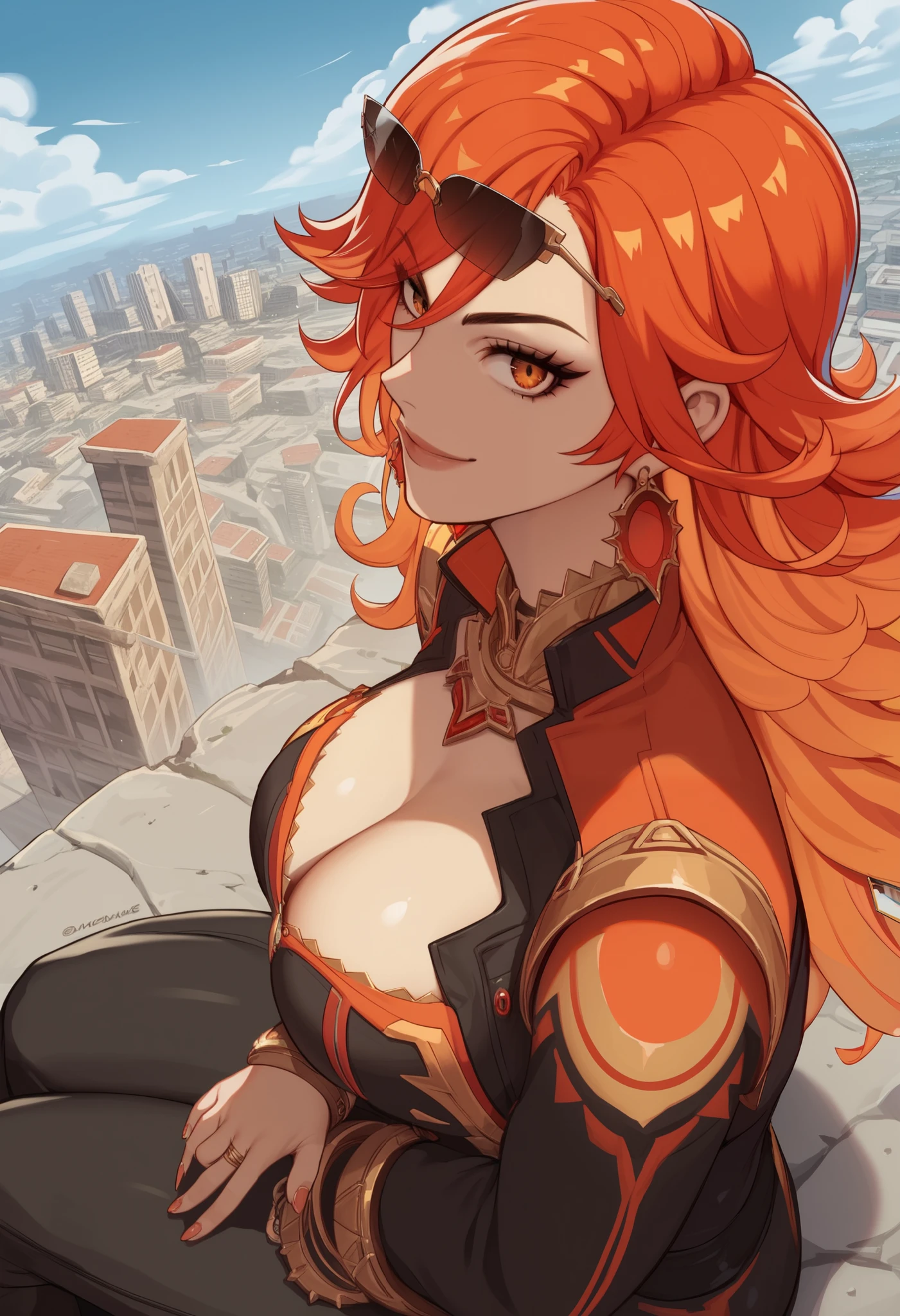 score_9, score_8_above, score_7_above, source _ anime BREAK 1girl , looking at the spectator, cowboy shot , from side,
mavuikadwnsty , sun-shaped paboveils, orange hair, jewelry, Earrings, multicolo red hair, red hair, choke, blacks, Bicolor Hair , hair between the eyes . Black body, sunglasses, Tinted glasses, glasses on the head ,
Big breasts, smile, Lips, neckline, Wariza, I'm sitting, thighs, soles,
al aire libre, city, stone, cloudy, route,
