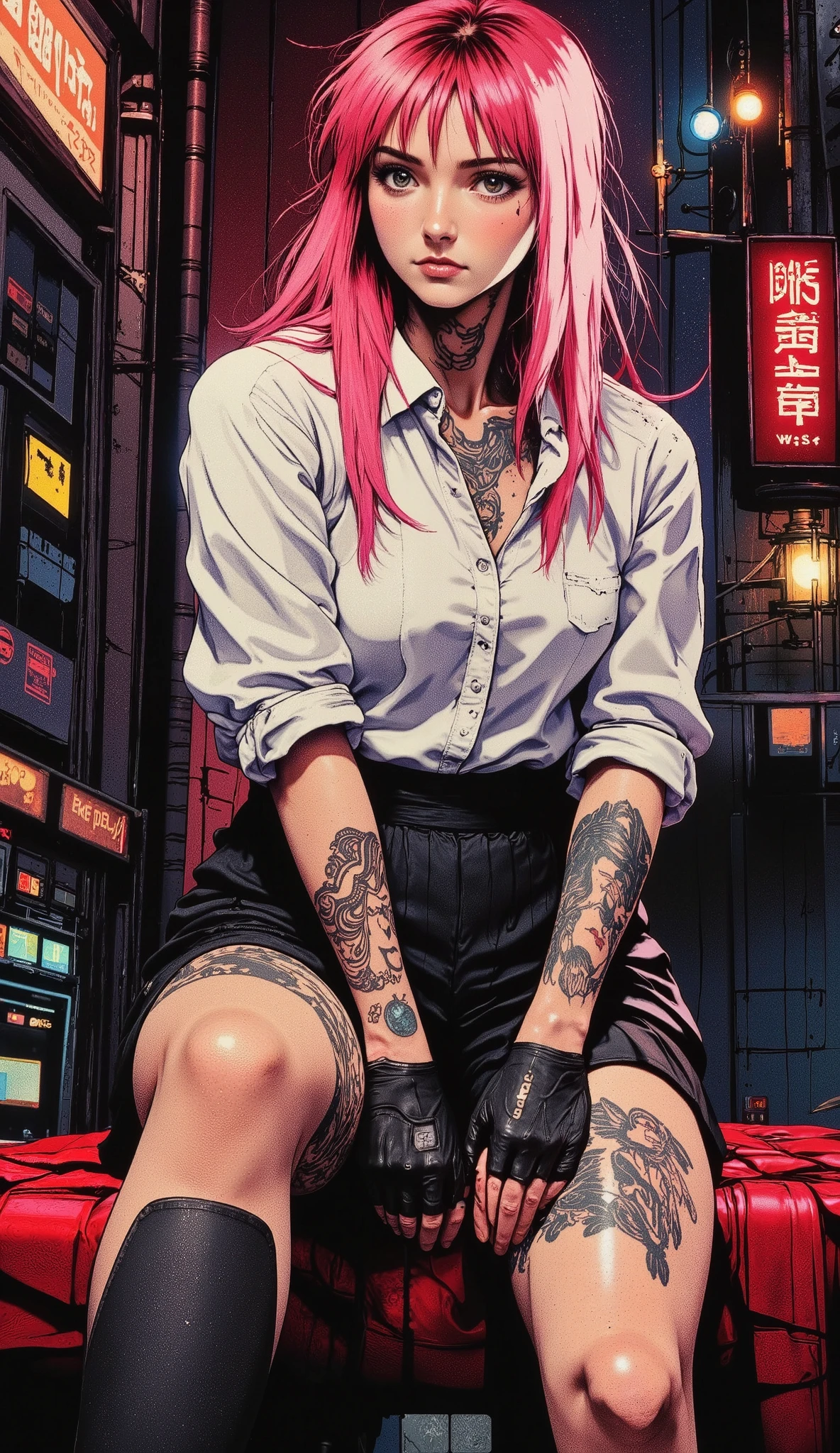 A young woman with long pink hair  , tattooed body,   wears a miniskirt and white blouse  ,   Subtle view of her butt in a full body shot.,   detailed face and eyes  ,   Intricate tattoo designs  ,   cinematic lighting  , photorealistic  ,   hyper Detailed, 8K, U High Definition, Retina,  masterpiece,  Precise,   anatomically correct  ,  super detail , Detalles altos,  high quality,  awarded ,  better quality, highres, 1080P,  High Definition