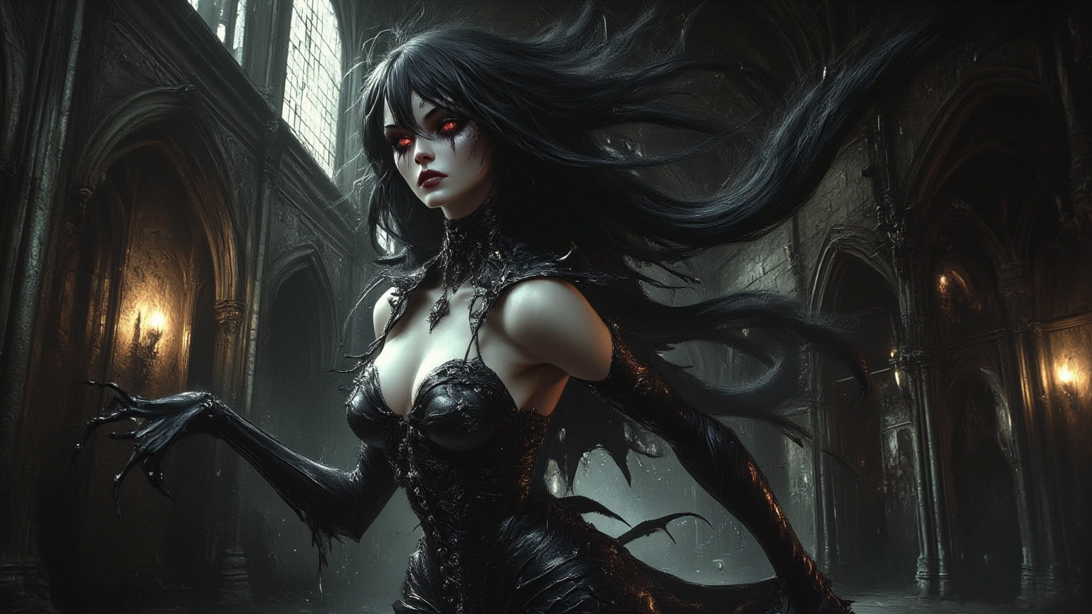 Dark magic, (masterpiece, highest quality, best quality, formal art, beautiful and aesthetic: 1.2), (1girl: 1.3), solo, threat, rage, devilish smile, (young dark sorceress) extremely detailed, dynamic pose, dark night, abstract background, dress, (blood, blood splatter:1.1), ashes, fire, (body tattoos, scars, jewelry), hyperrealism
