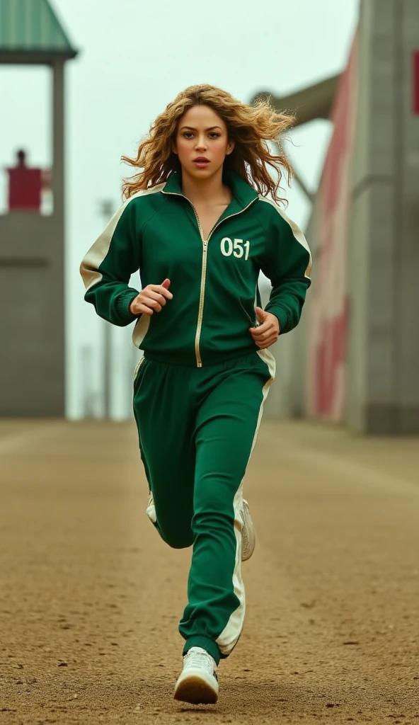 A full-body shot of a woman like shakira running directly toward the viewer in a highly cinematic and intense scene inspired by Squid Game. She is wearing the iconic green tracksuit with one white stripe on the sleeves and legs. The tracksuit has the number '051' printed in white on the left side of her chest. She has a determined and slightly desperate expression on her face, her hair bouncing as she runs. The background depicts a dusty, dystopian arena under an overcast sky, with large, surreal playground elements in the distance (like a giant slide and a swing set) and towering concrete walls with faint red markings. The lighting is soft, with a slight sepia tone, enhancing the tension and atmosphere of the scene.