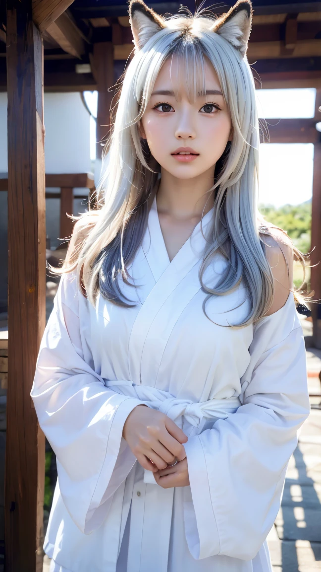 ((masutepiece)), ((Best Quality)), (Ultra-detailed), ((Extremely detailed)), 4K, (8K), Best Quality, (Beautiful), Gradation, One Woman,Angel Costume,Cute face,Big eyes,Cool Face,bobhair,Beautiful silver hair,Looking at Viewer,plein air,Night,Ruins,masutepiece, extremely fine and beautiful,Photorealistic,Japanese