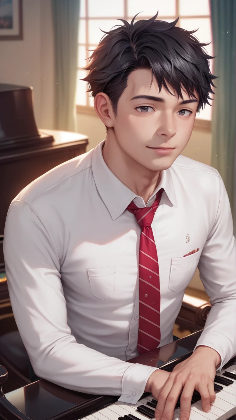 1 boy, sitting at the piano in the music room,alone, Japanese junior High School boys, 13yo, (highest quality, Realistic, High resolution, 8k, Very detailed, Detailed face, Shiny skin), Japanese , Collared shirt, White shirt, necktie, Black Hair, ragged bangs, short hair,